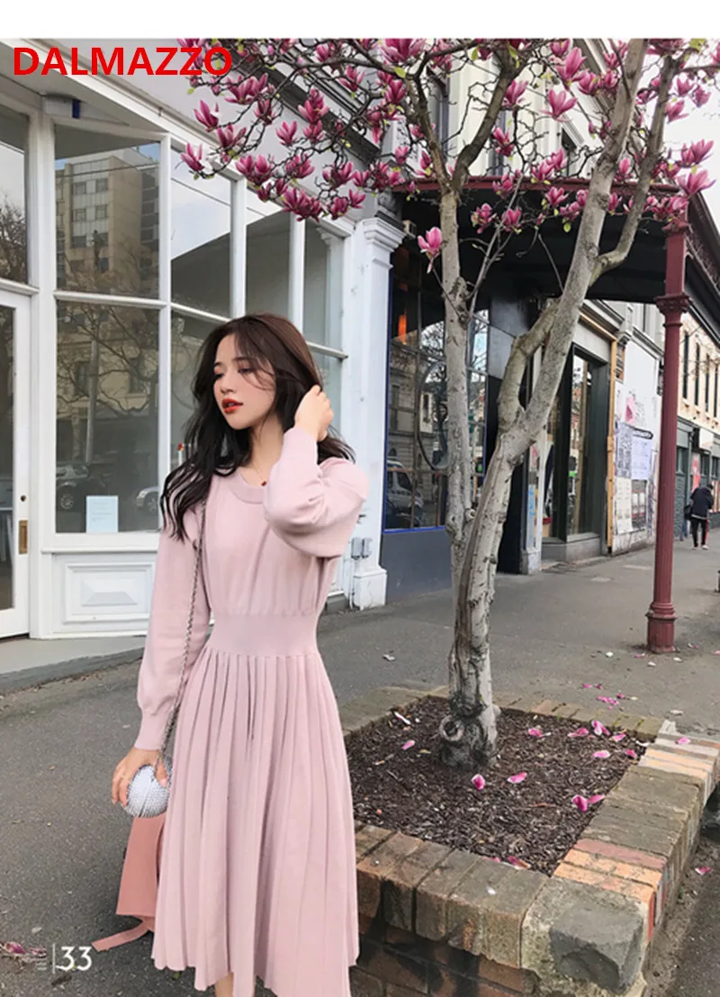 Womans Runway Long Sleeve Pleated Knitted Dress 2018 Newest Autumn Fashion Office Women's Elastic Waist Female | Женская одежда