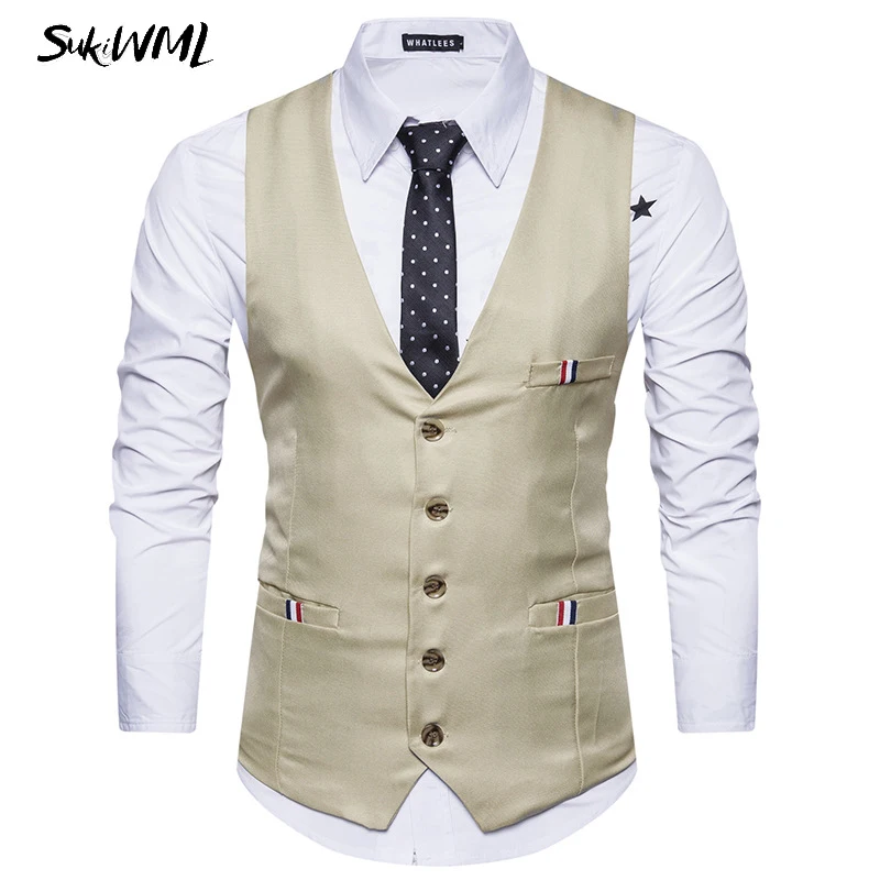 SUKIWML 2017 Новый роскошный брендовый мужской жилет классический однотонный Homme Gilet De
