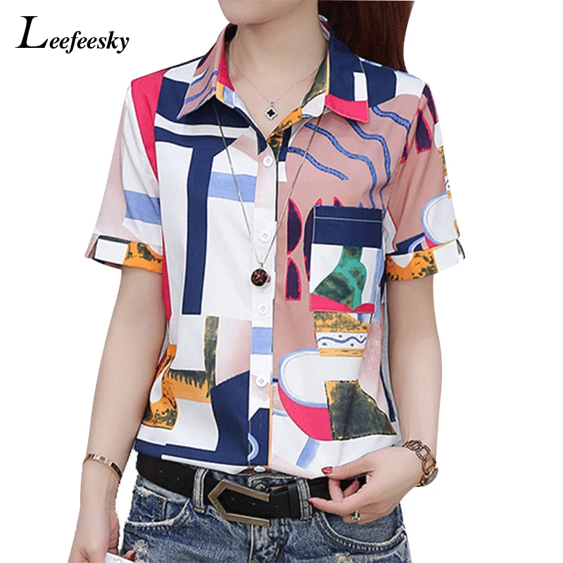 Женская шифоновая блузка с коротким рукавом и принтом летняя офисная рубашка 2017