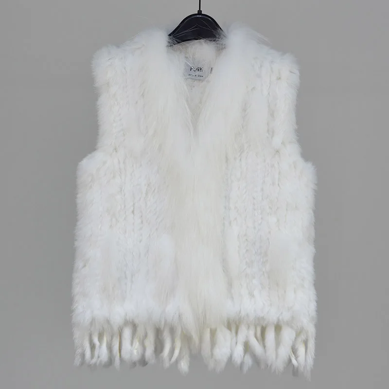 pure white Новые цвета, женский жилет из натурального кроличьего меха, пальто с кисточками и воротником из меха енота,, Прямая поставка VR032 - Цвет: pure white