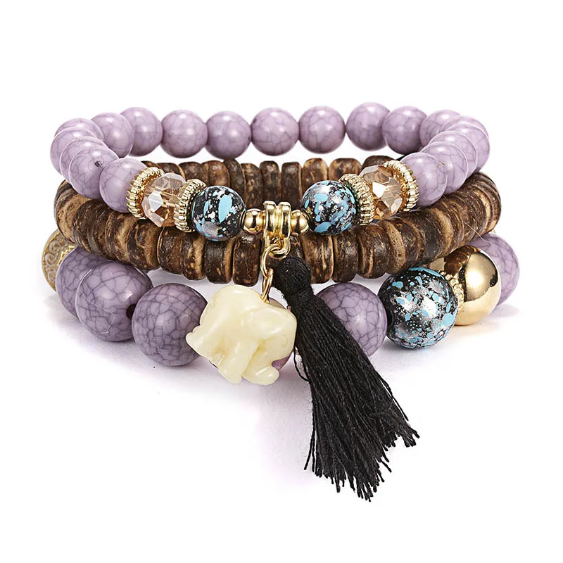 3pcs purple Этническая большой браслет из деревянных бусин комплект с эластичной резинкой на ладони кисточкой очарование камень металла БИСЕРНЫЕ НИТИ Браслеты& Bangle Jewelry 3/4 шт - Окраска металла: 3pcs purple
