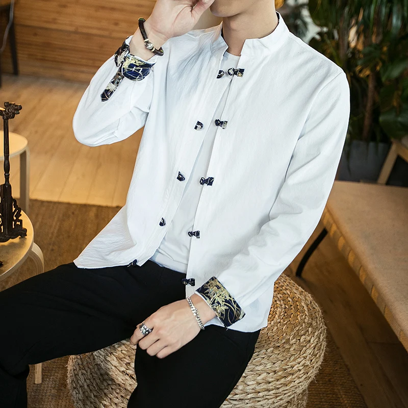chinese style men solid casual streetwear man cotton linen hanfu top men clothes chinese style linen top