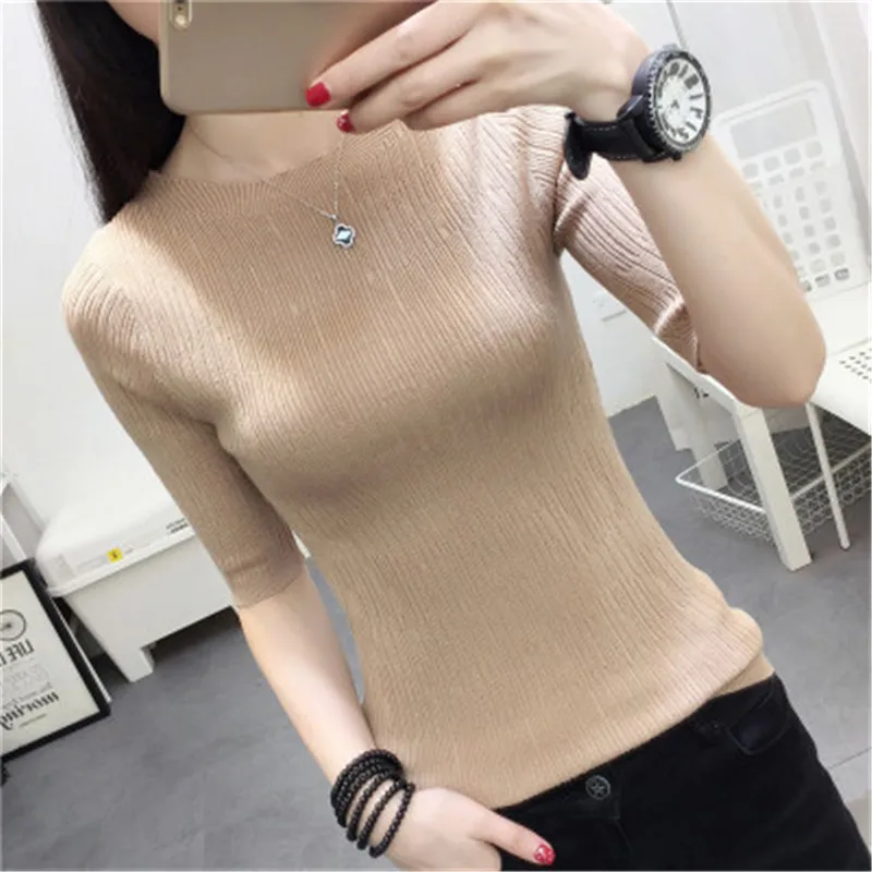 Корейский стиль женский летний свитер с круглым вырезом рукавом до локтя