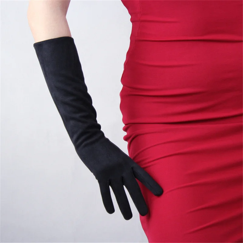 Suede black Лакированные кожаные перчатки женские ярко-красные длинные ПУ имитация кожи Яркие Кожаные зеркальные Модные женские модели 40 см T77 - Цвет: Suede black