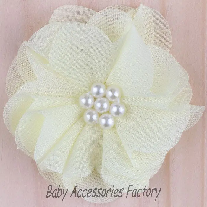 (120 шт./лот) Модные шифоновые цветы из ткани с шикарным жемчужным центром для детей