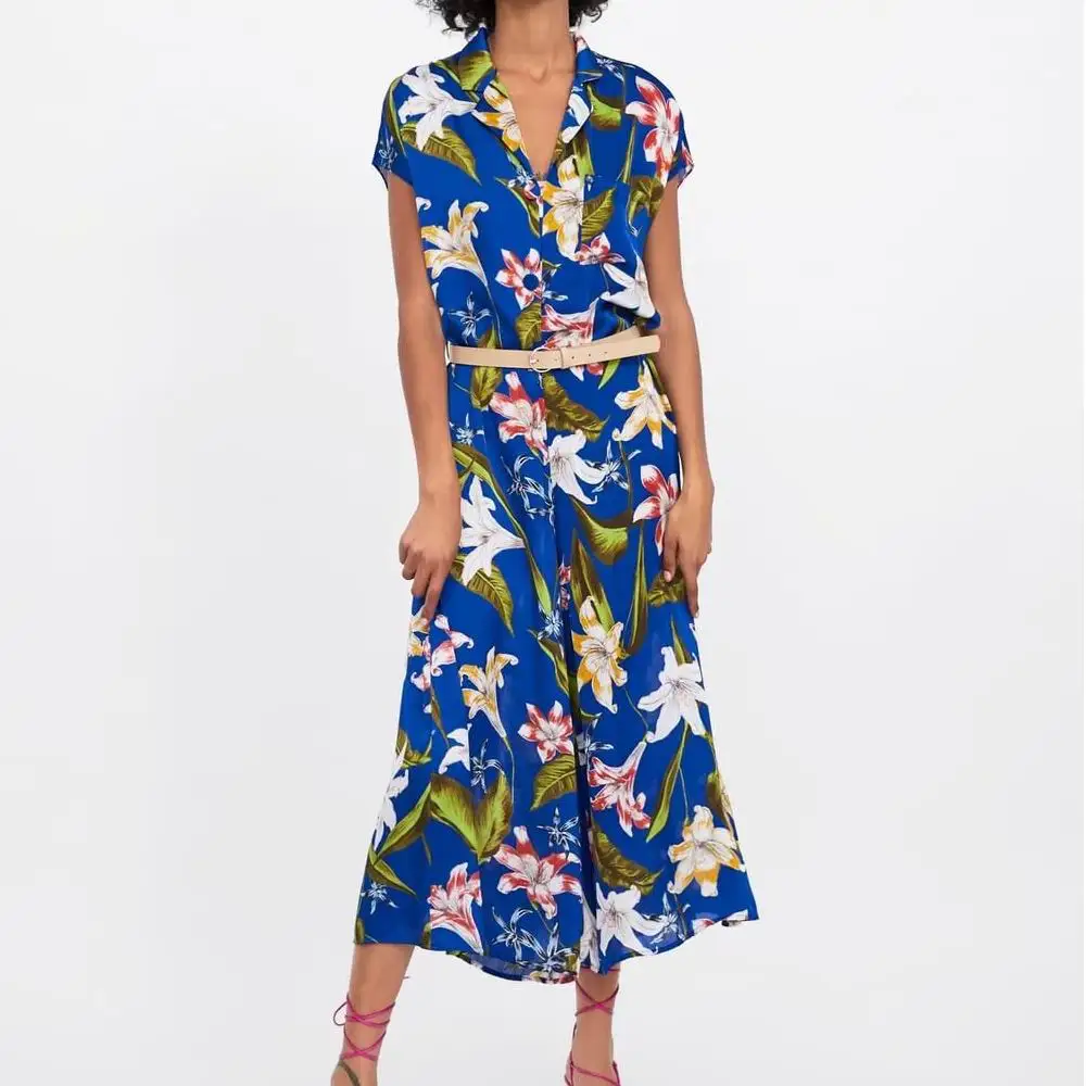 Женский Летний комбинезон новинка 2019 Модный цветочный принт пояс широкие брюки