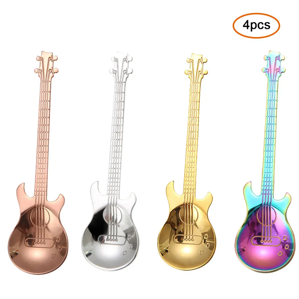 4pcs Mixed color 1 7 шт./4 шт. Гитарный комплект кофейных ложек из нержавеющей стали, десертная ложка для мороженого, чайные ложки, кофейные аксессуары, столовые приборы, питьевые инструменты - Цвет: 4pcs Mixed color 1