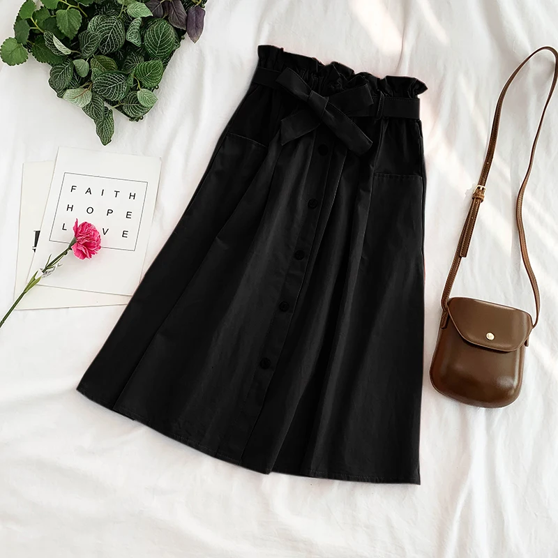 2019 новые модные женские юбки Ретро эластичная талия галстук карман сплошной цвет
