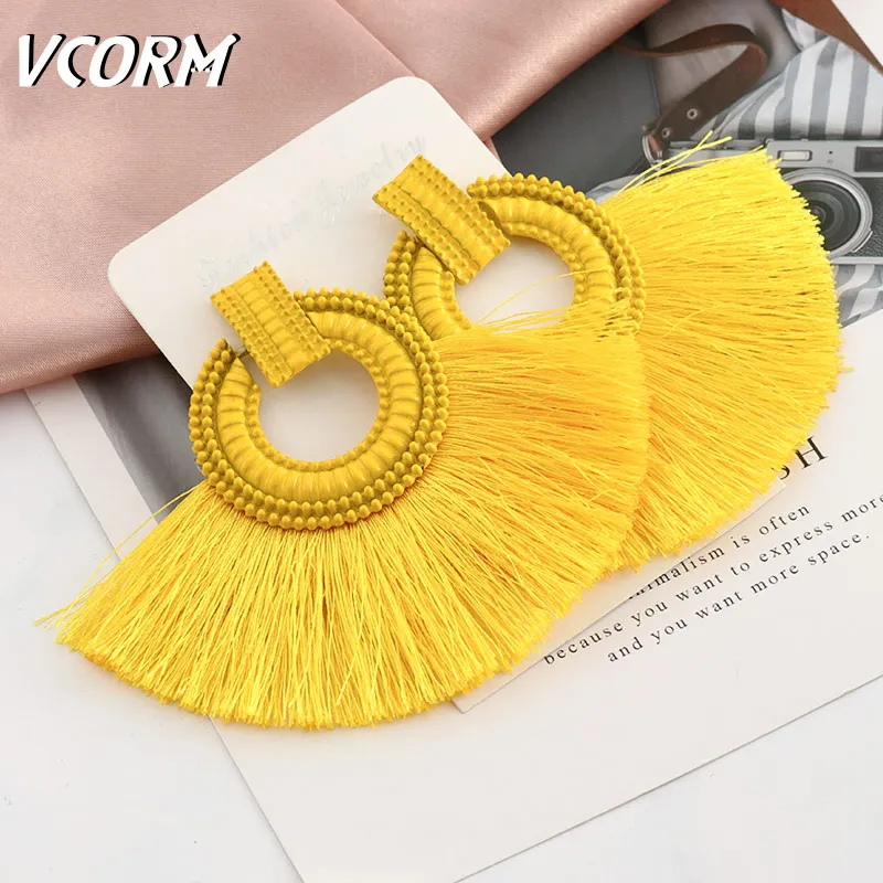 Yellow VCORM новые модные богемные серьги с кисточками, большие висячие серьги для женщин, роскошные винтажные длинные висячие серьги с кристаллами, Женские Ювелирные изделия - Окраска металла: Yellow