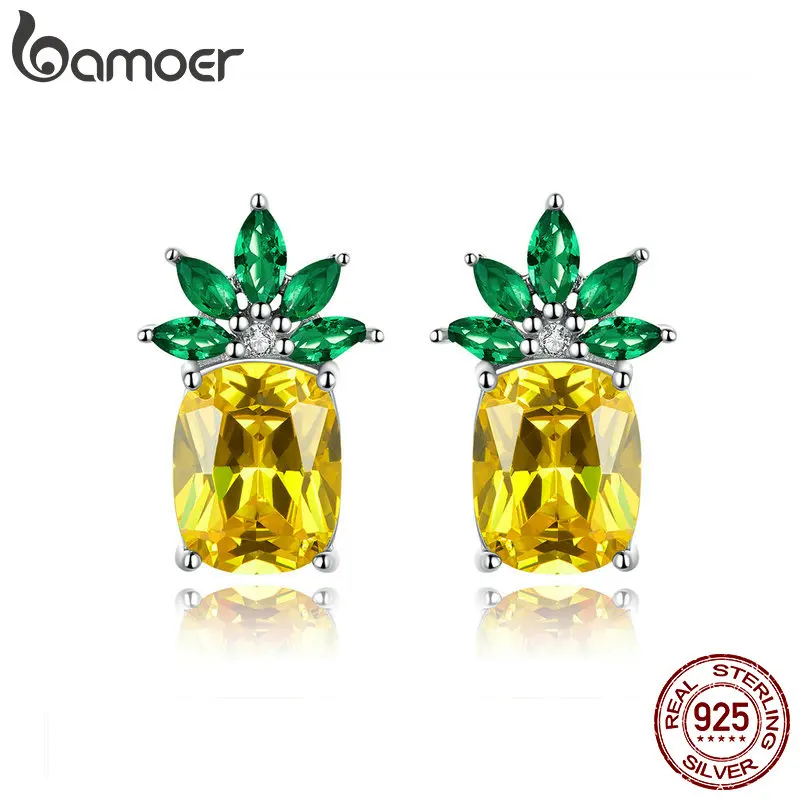 BAMOER, летние серьги-гвоздики в виде ананаса, 925 пробы, серебро, Большой кубический цирконий, фруктовые серьги-гвоздики, женские массивные ювелирные изделия, BSE114