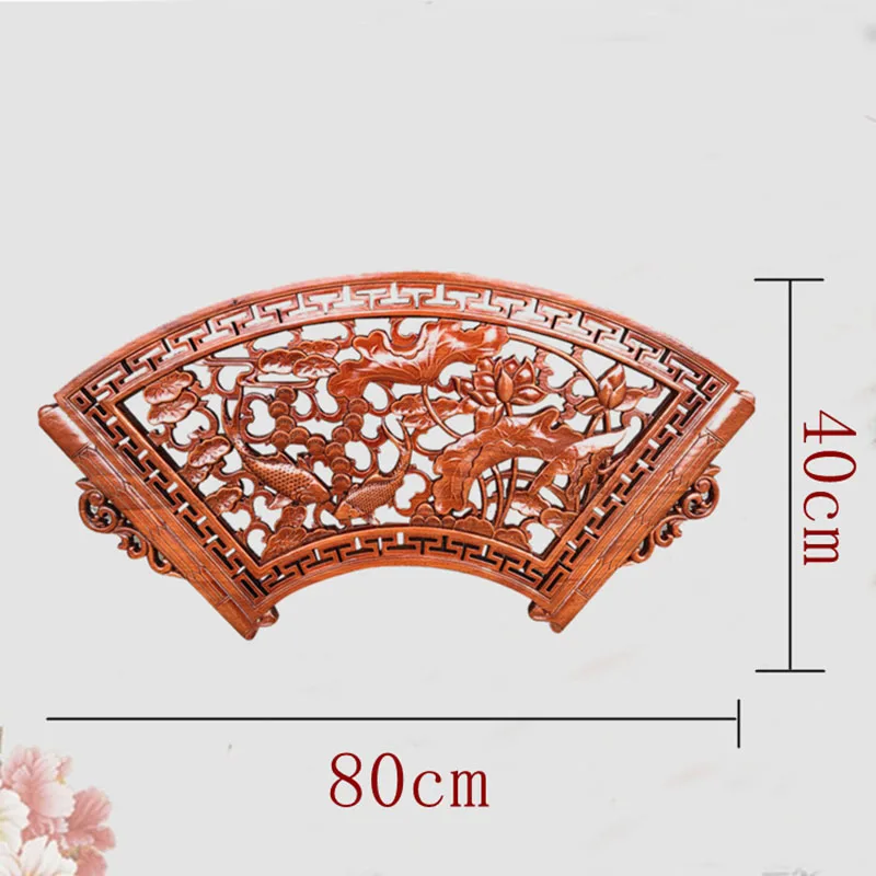 Colgantes de talla de madera en forma de abanico para sala de estar, colgante de pared redondo de bendici&oacute;n, decoraci&oacute;n de estilo chino, pintura de fondo, 40x80cm-3