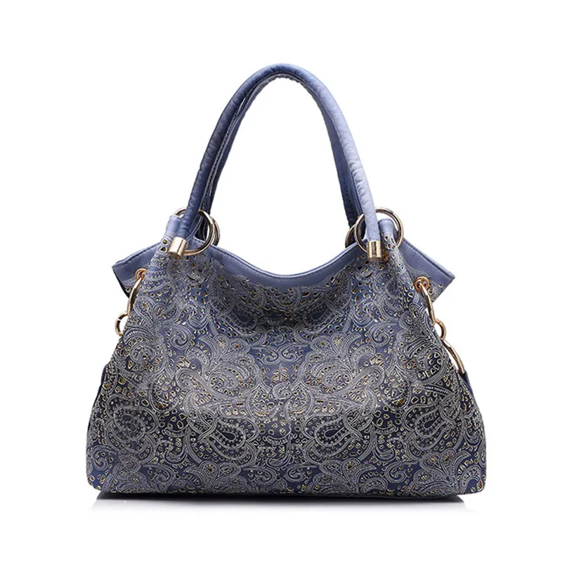 Large Blue Tote Bags Топ-ручка сумки для женщин выдалбливают сумки цветочные сумки с принтом через плечо Дамы Большой Tote сумки винтажная сумка Feminina кошелек - Цвет: Large Blue Tote Bags