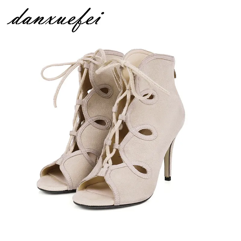 Women's Genuine Suede Leather Cut-out Lace-up Summer Open Toe Ankle Boots Brand Designer Sexy Ladies Short Booties Shoes Women | Обувь