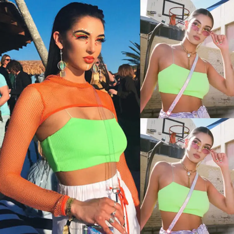 Модные женские сексуальные флуоресцентные зеленые майки уличная одежда кроп топ