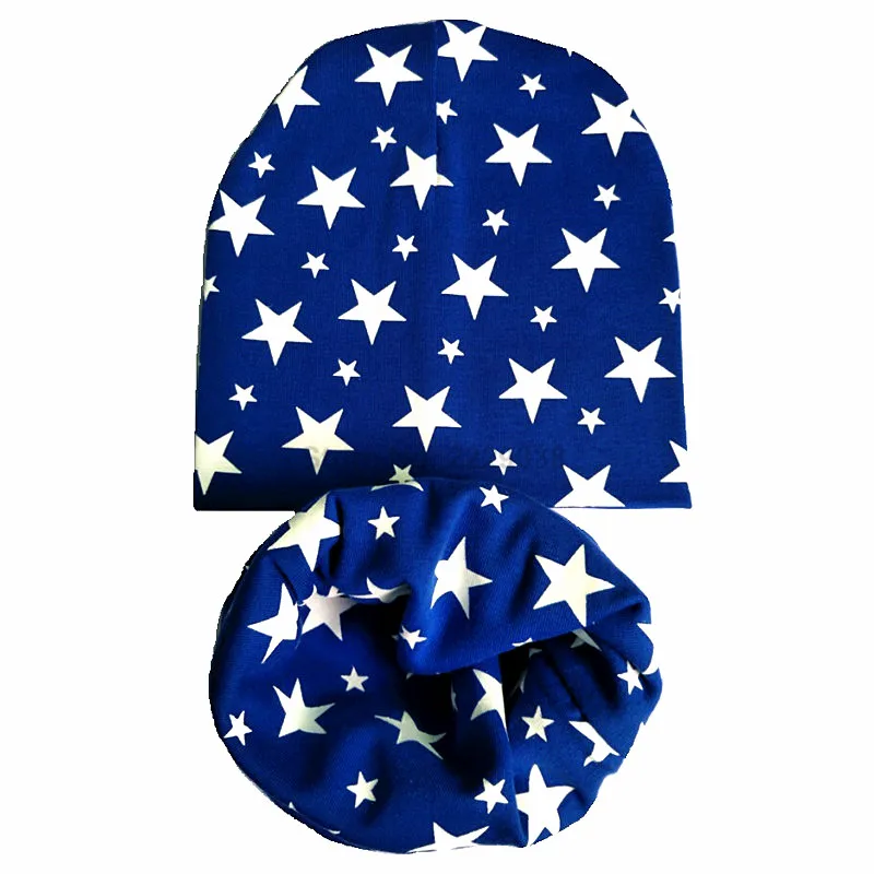 Blue full star set Детская шапочка; милая хлопковая детская шапка с принтом со звездой; Весенняя детская шапка с шарфом и воротником; Детские шапочки для мальчиков и девочек; шапка; комплект шапок для малышей - Цвет: Blue full star set