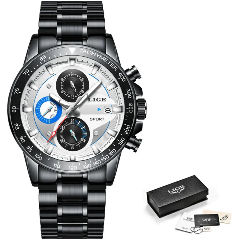 steel Black White LIGE модные мужские часы, мужские креативные бизнес-часы с хронографом, кварцевые часы из нержавеющей стали, водонепроницаемые мужские часы, мужские часы - Цвет: steel Black White