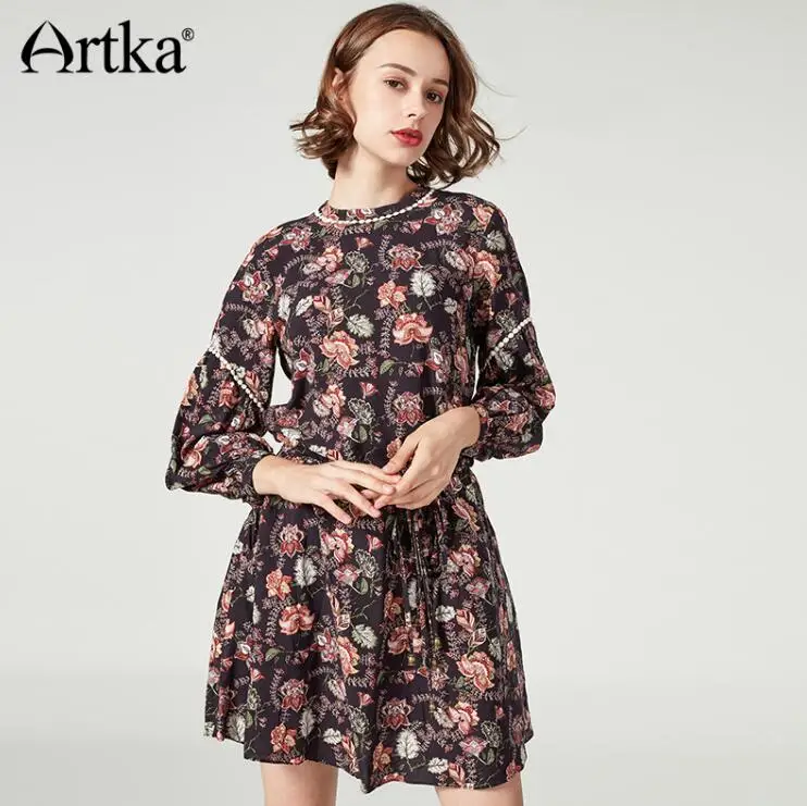 Черный ARTKA женское летнее платье с длинным рукавом, платье с принтом, женское платье с рукавом-фонариком и поясом, винтажное Мини платье для женщин LA10174Q - Цвет: Черный