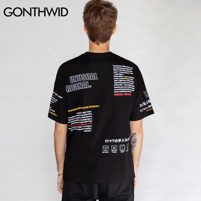 GONTHWID японский китайские персонажи печатных футболки лето 2019 г. мужские для