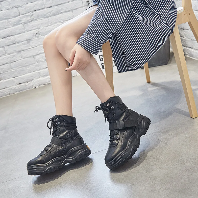 SWYIVY/черные ботинки женские кроссовки на платформе из натуральной кожи ботильоны