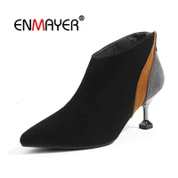 enmayer ankle boots shoes woman high heels pointed toe winter boots solid motorcycle boots thick heels size 33 40 metal cr1681