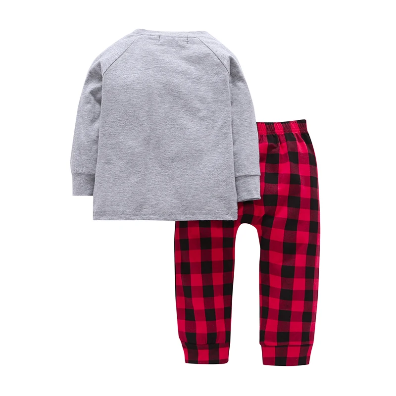 2Pcs Spring Autumn Casual Toddler Boy Sets Grey Letter Long Sleeve Cotton T-shirt+Red Plaid Pants Baby Clothes V20 |