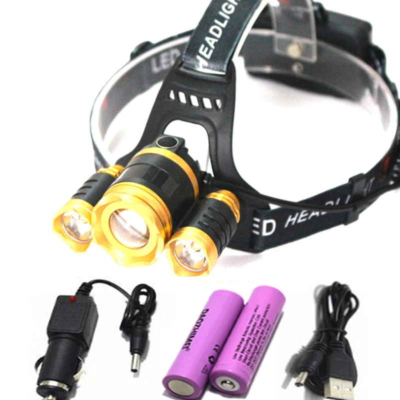 

3 LED Headlamp XML T6 10000LM USB Headlight frontale Flashlight 4 Mode Torch Lights with Car Charger With 18650 Battery