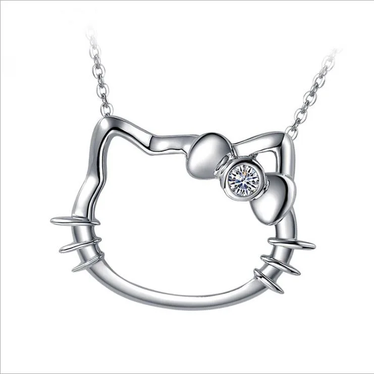 Мода hello kitty, 925, серебряные подвески, Очаровательное ожерелье, с элементами цепи, кристалл, милый кот, ключица, ожерелье, ювелирное изделие для женщин - Окраска металла: Single color