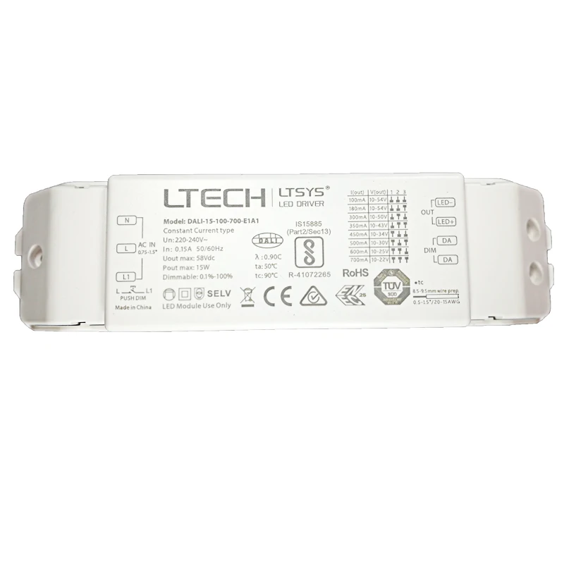 DALI-15-100-700-E1A1 DALI Диммируемый драйвер, AC220-240V вход; 100mA-700mA 15 Вт выход; DALI/Push CE Dali Диммируемый драйвер питания