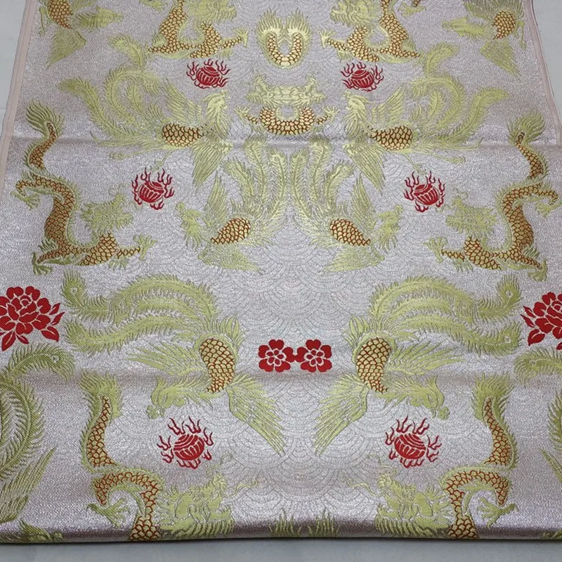 

C608 White Base Color Golden Phoenix Dragon Jacquard Silk Brocade Fabric Fabrics For Chinoiserie Wedding Couple's Dress Curtain