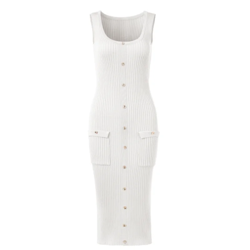 Осеннее Новое модное качественное однотонное вязаное платье Офисная Женская