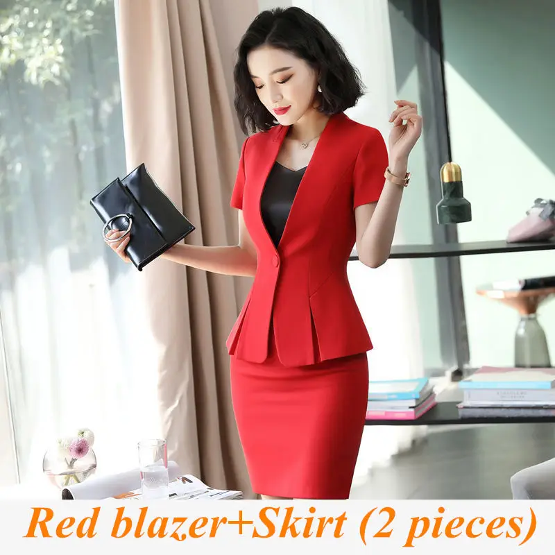 Red blazer and skirt Короткий рукав полосатый костюм юбка женская летняя новая корейская мода профессиональный темперамент деловой офисный костюм комплект из двух предметов - Цвет: Red blazer and skirt