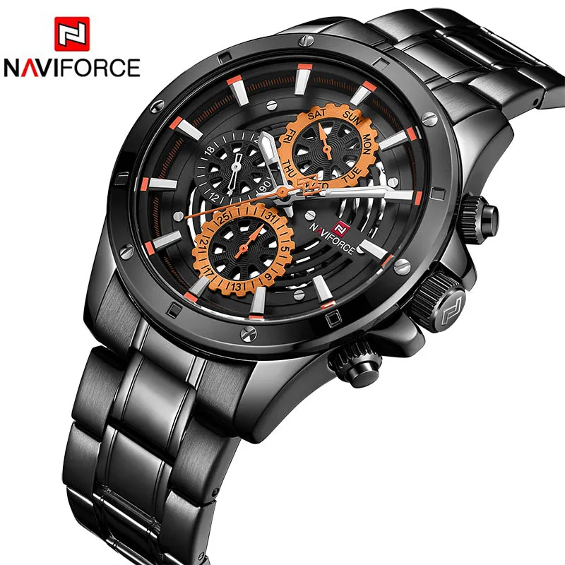 Black Orange NAVIFORCE часы Для мужчин часы Нержавеющая сталь хронограф Бизнес Для мужчин наручные часы военные кварцевые часы Для мужчин Элитный бренд - Цвет: Black Orange