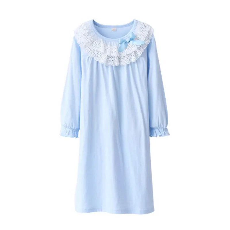 Blue-02 110 до 170 см, хлопковые детские ночные рубашки, г., модные детские пижамы для девочек Домашняя одежда с длинными рукавами Nachtjapon Meisje - Цвет: Blue-02