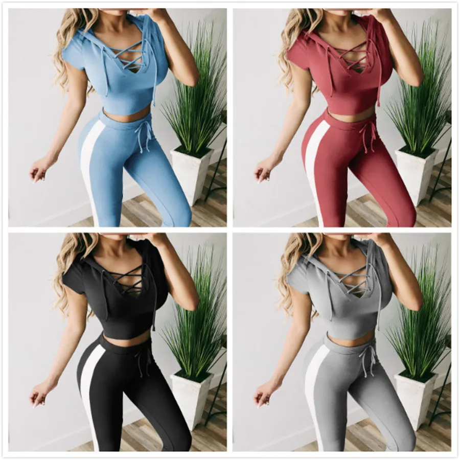 

sexy 2 piece set women 2019 Summer tracksuit for women Two piece set crop top+Long Pants Contrast Stitching Costumes