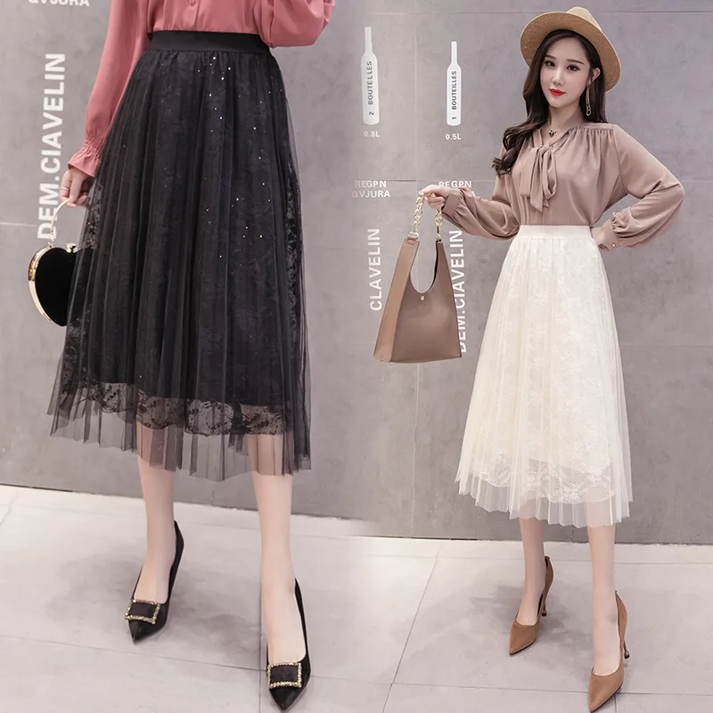 Весна 2019 Новое поступление плиссированная юбка качество ткани кружевная 4 цвета