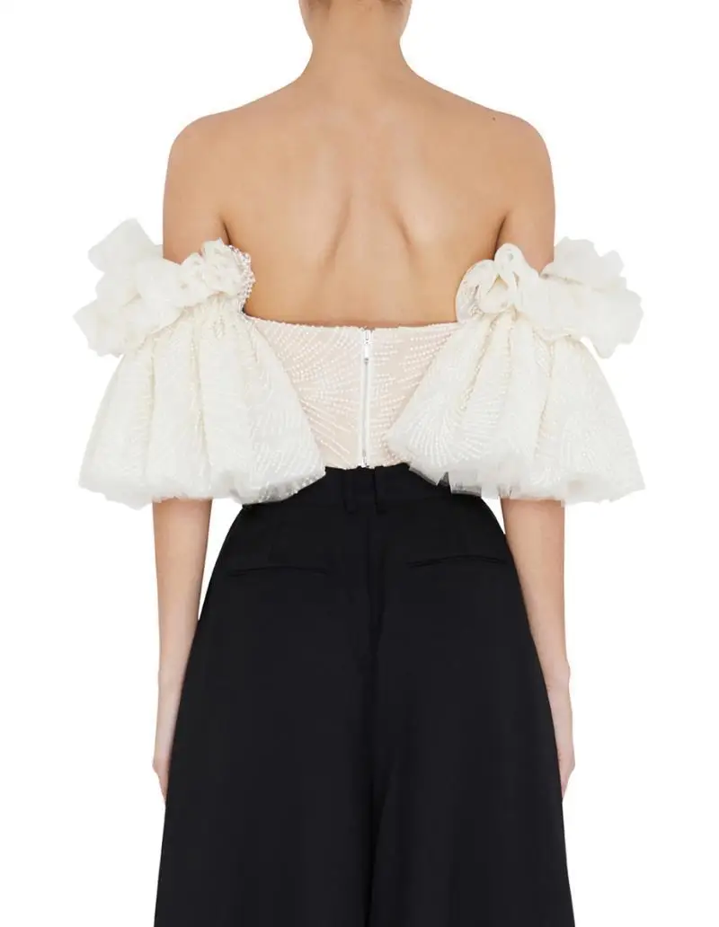 Топ с открытыми плечами и вышивкой сетчатый топ кружевными рукавами blusas femininas