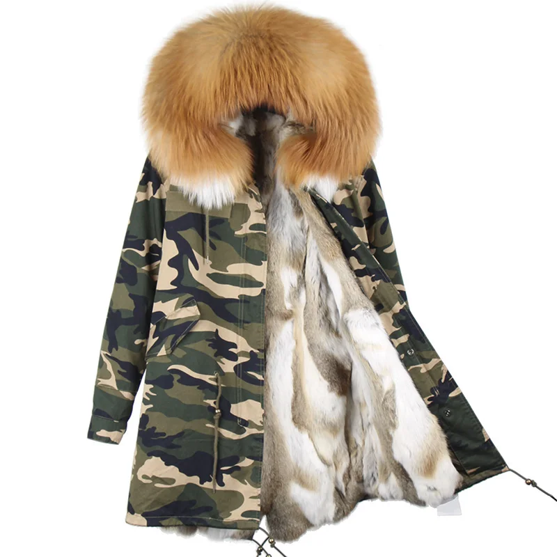 d2 camo red fox MAOMAOKONG длинная куртка пальто парки Женское пальто плюс размер зимние парки из натурального енота черная меховая подкладка куртка - Цвет: d2 camo red fox
