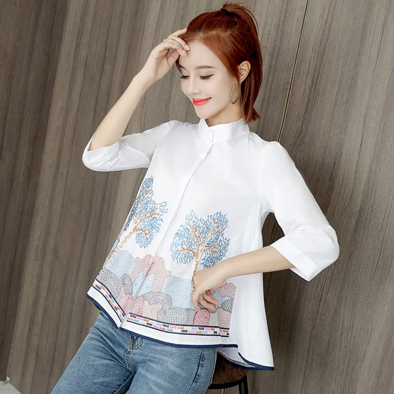 Женская хлопковая блузка с вышивкой белая Повседневная рубашка воротником