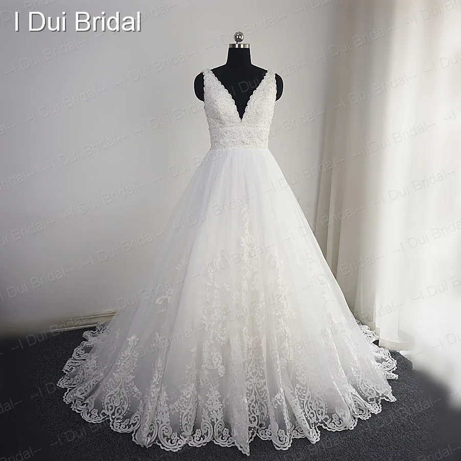 V Neck Lace Beaded Wedding Dress Big A Line Empire High Quality Sequin Lace Bridal Gown