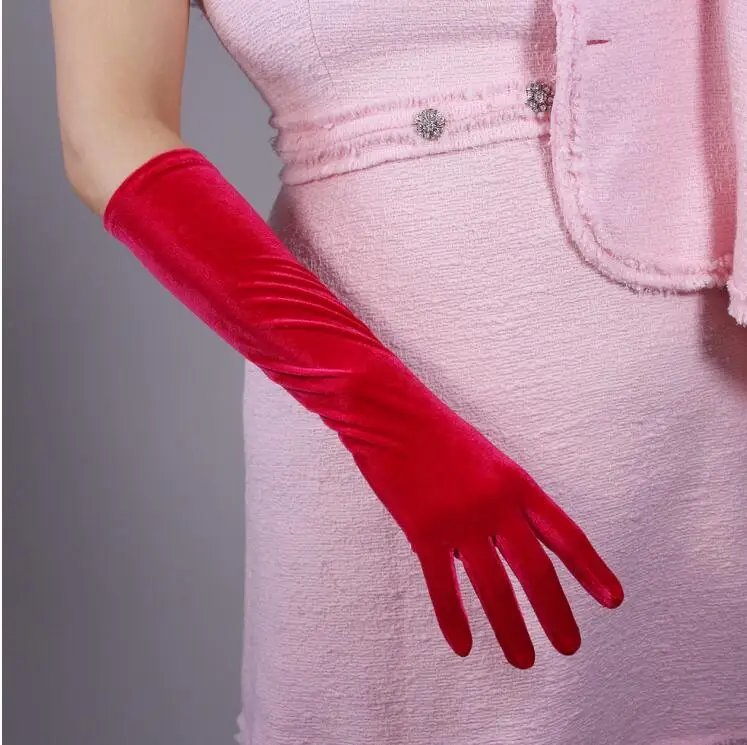 red 40cm Женские элегантные эластичные бархатные длинные перчатки для сенсорного экрана, женские красные вечерние перчатки для вождения 40 см 60 см, R1448 - Цвет: red 40cm