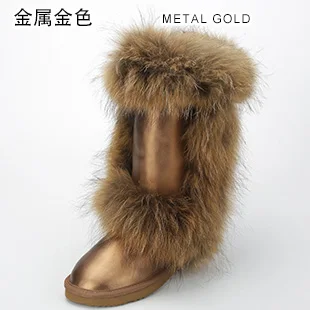 Golden INOE/модные зимние сапоги для женщин; зимняя обувь; высокие сапоги из яловичного спилка; ботинки из меха лисы; цвет коричневый, черный; высокое качество; водонепроницаемые - Цвет: Golden
