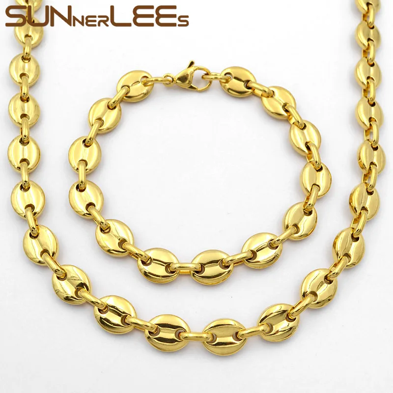 Набор бижутерии из нержавеющей стали SUNNERLEES Fashion Jewelry: ожерелье и браслет на цепочке с звеньями в виде кофейных зерен, для мужчин и женщин. SC13 S.