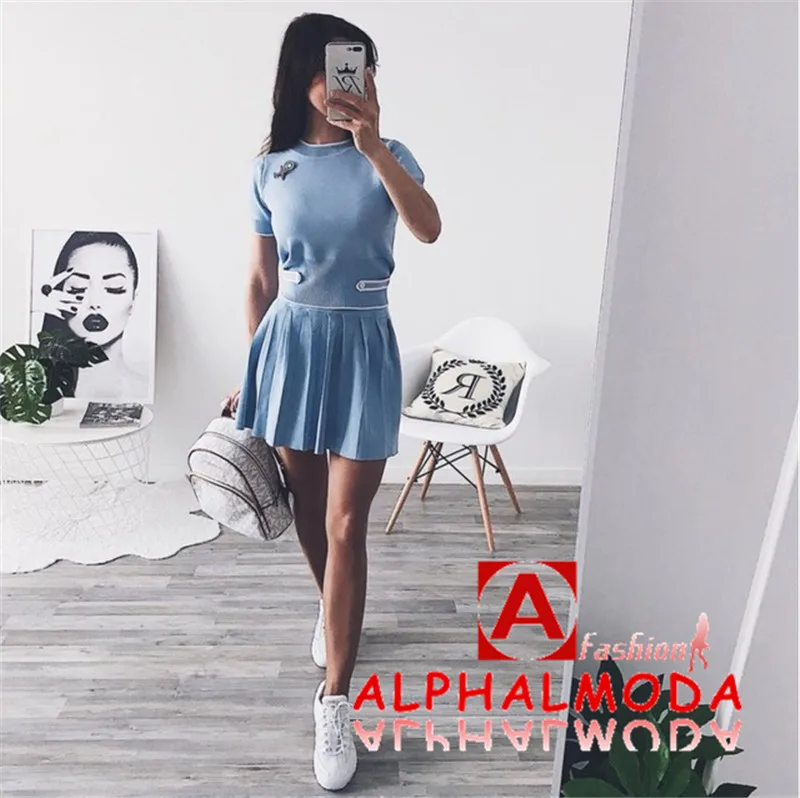 ALPHALMODA летние женские трикотажные футболки с коротким рукавом+ юбки А-силуэта, комплекты из 2 предметов, украшенные аппликацией, спортивные женские костюмы