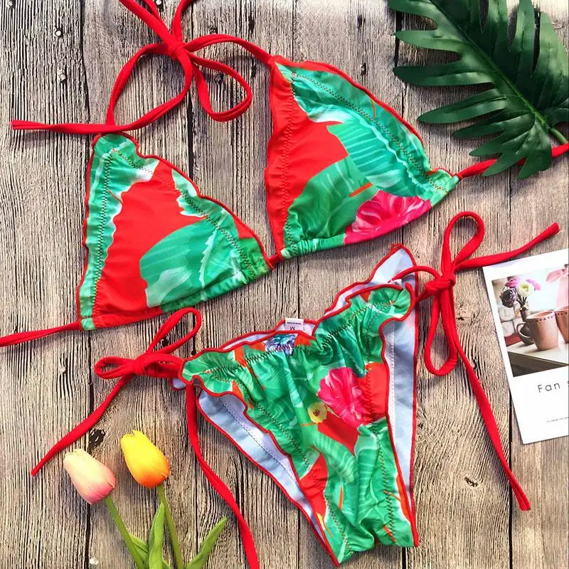 Зеленый красный пэчворк комплект бикини Для женщин Холтер повязку купальник