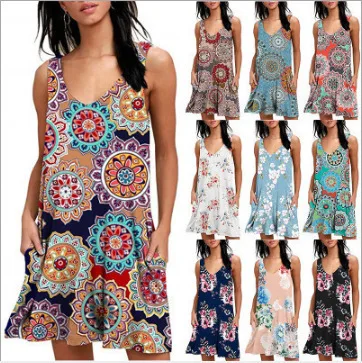 

V-collar print, sleeveless vest pocket dress, casual and knee-length dress women vestidos