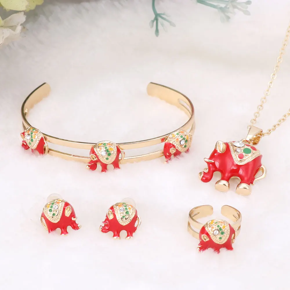 Золотой цвет Эмаль Кристалл Слон ожерелье браслет кольцо набор для детей костюм