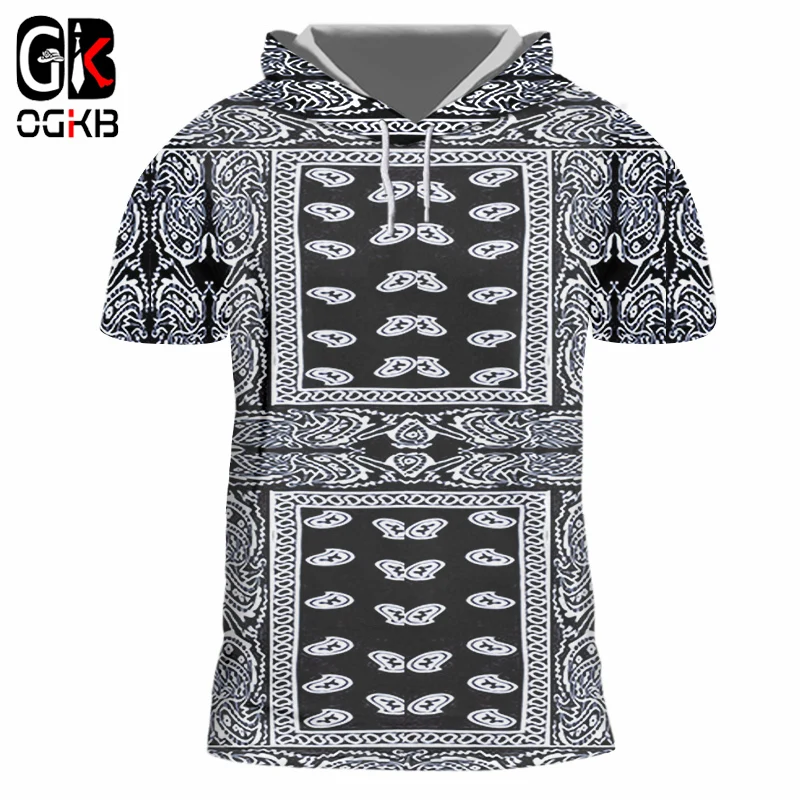 

OGKB 3D Hooded Tshirt Men's Summer Tops Black Bandana Paisley Printed Cashew Flower Short Sleeve Hoodies Tracksuits Undershirts