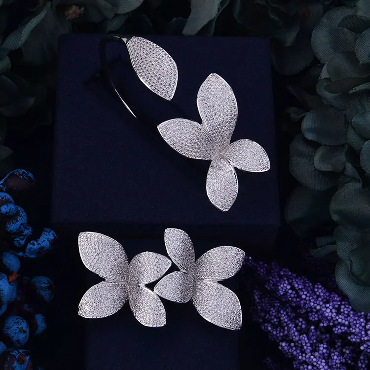 18K Platinum Plated GODKI модный роскошный супер блестящий цветок лист AAA кубический цирконий женский багет браслет и кольцо набор - Окраска металла: 18K Platinum Plated