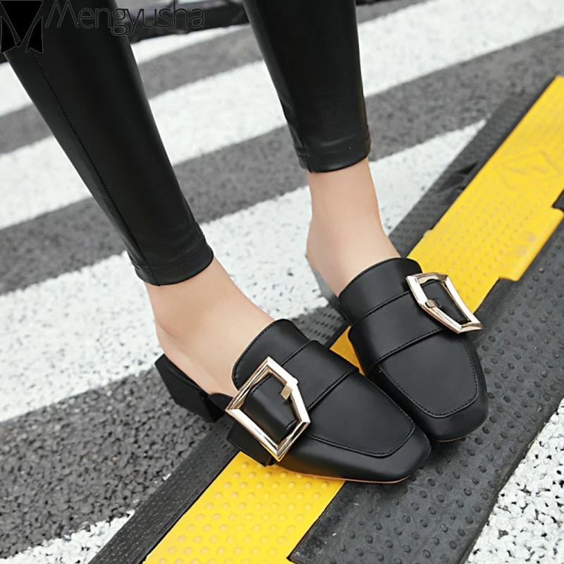 Мюли женские с квадратным закрытым носком мягкие кожаные шлепанцы на толстом