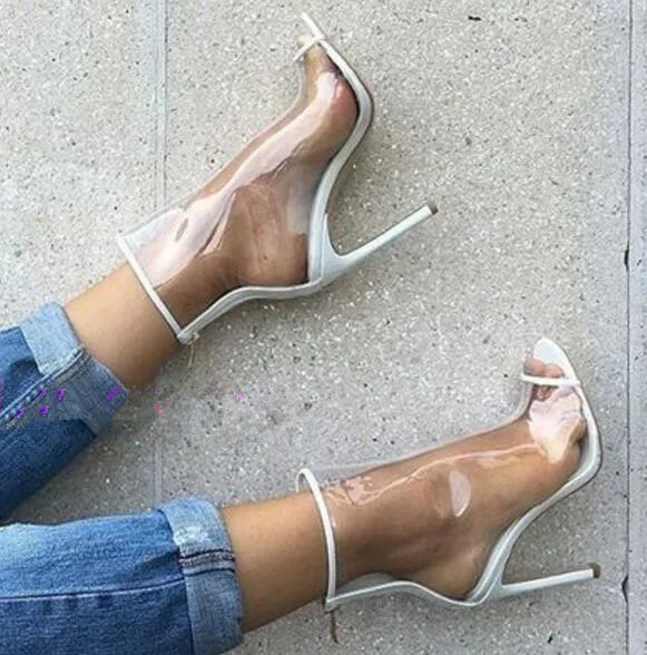 2017 г. новые летние прозрачные ботильоны из ПВХ на молнии сзади тонком каблуке 10 см